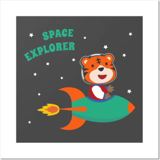 cute tiger astronaut play with his rocket Posters and Art